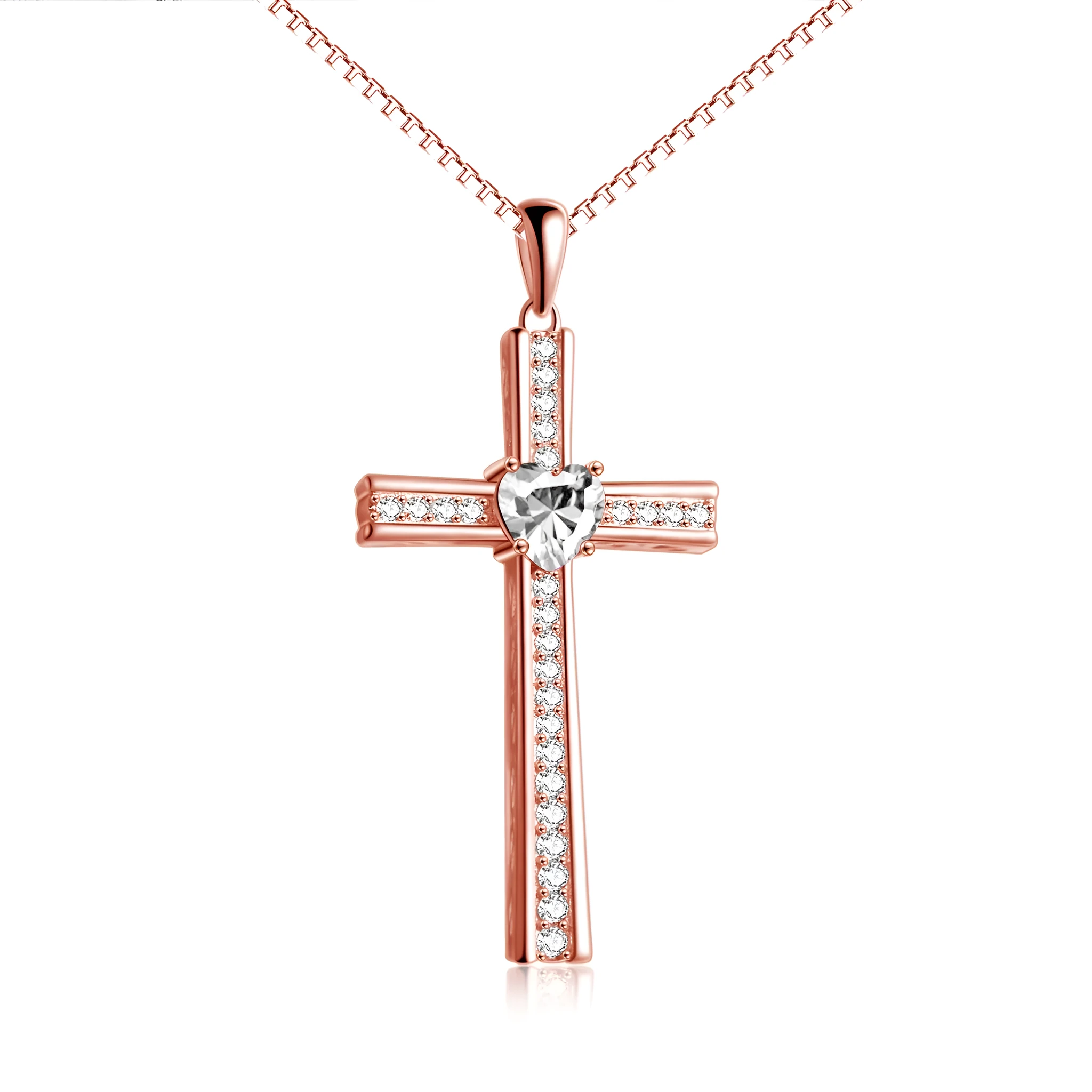 Rose gold plated cross necklace on 925 silver chain with birthstone pendant for women