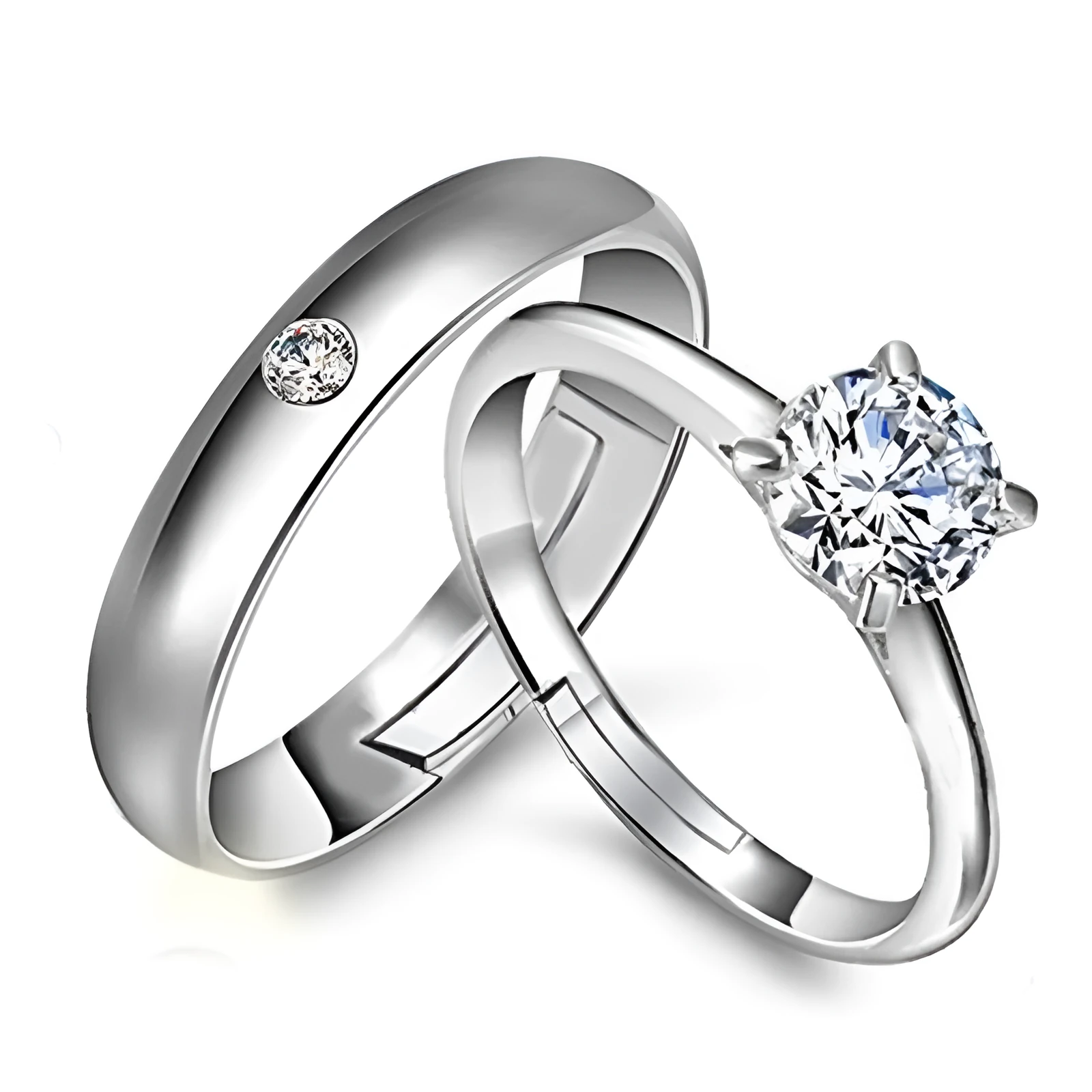 Couple rings set with geometric design, white copper, gold-plated inlay, and adjustable opening