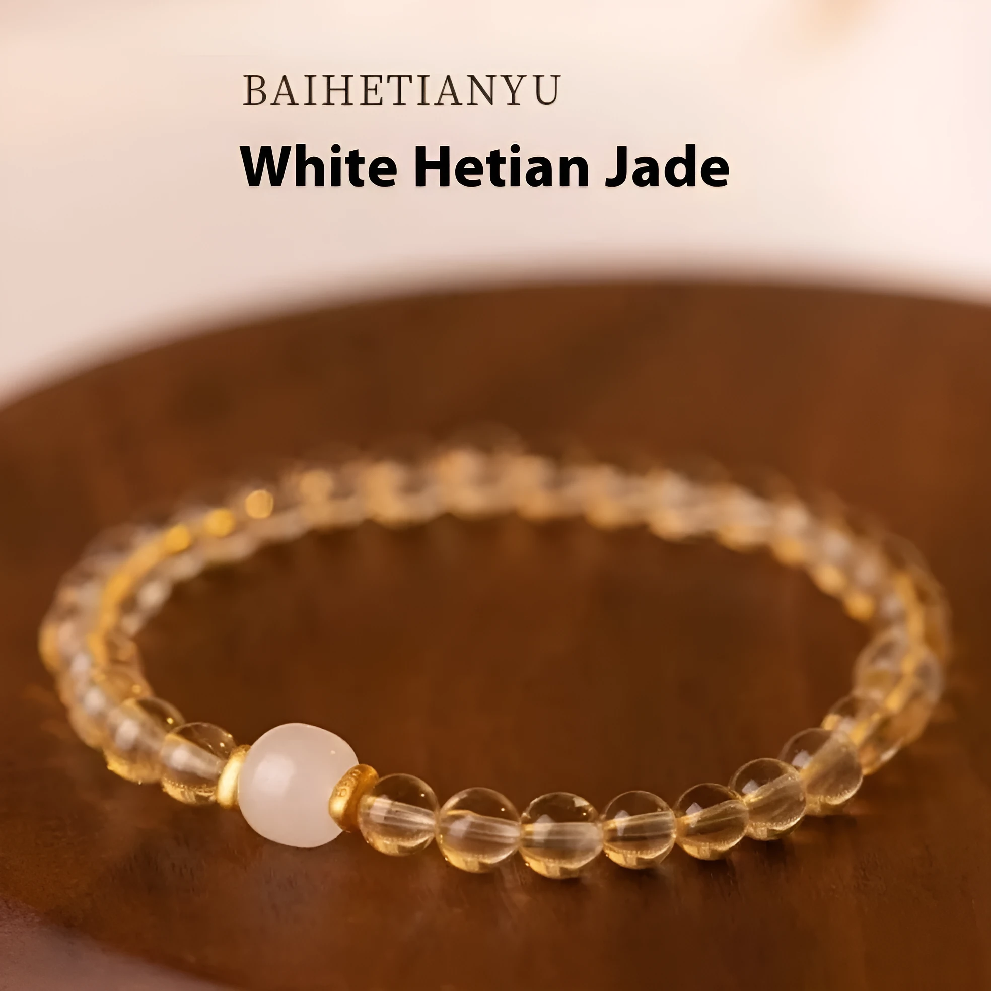 Handmade natural gold rutilated quartz bracelet from Brazil with Putuo stone and pearl accents