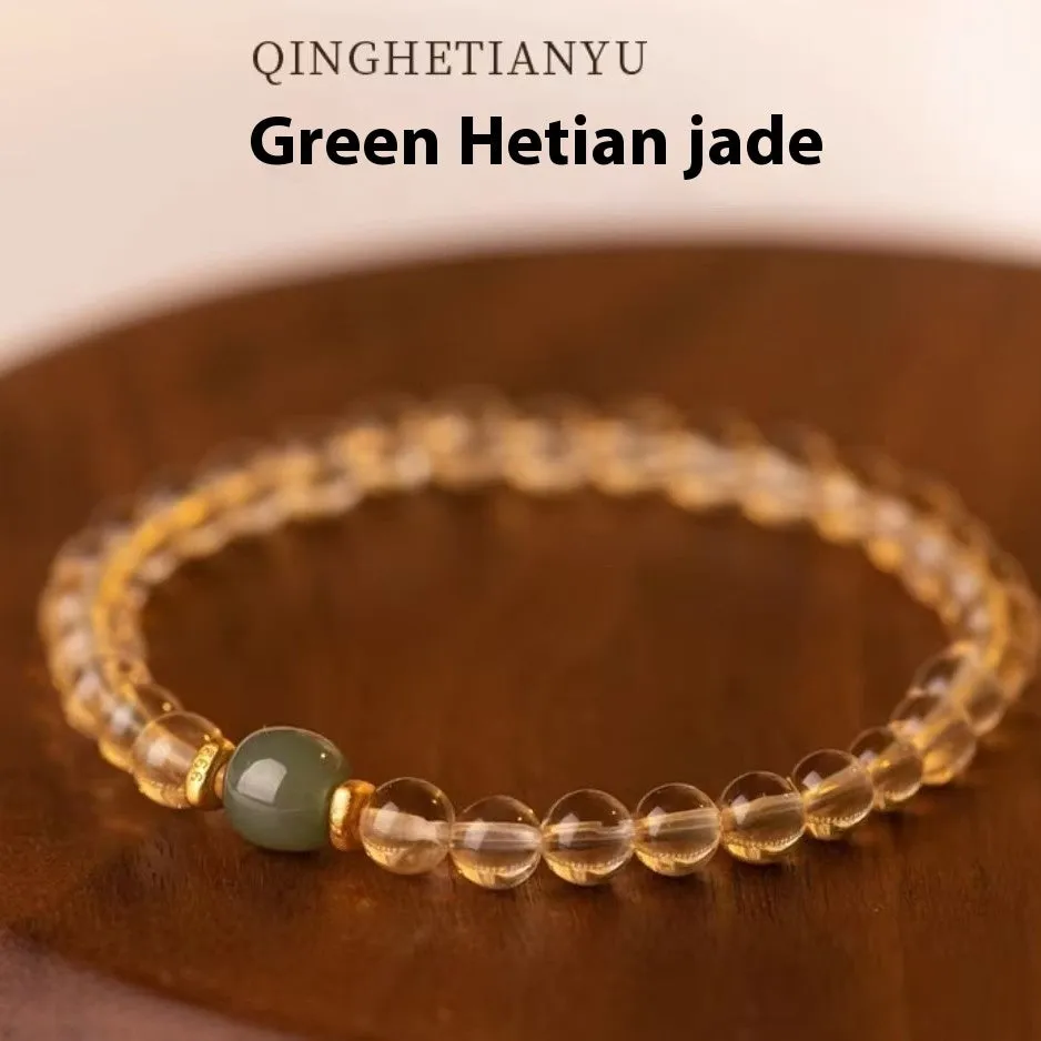 Handmade natural gold rutilated quartz bracelet from Brazil with Putuo stone and pearl accents