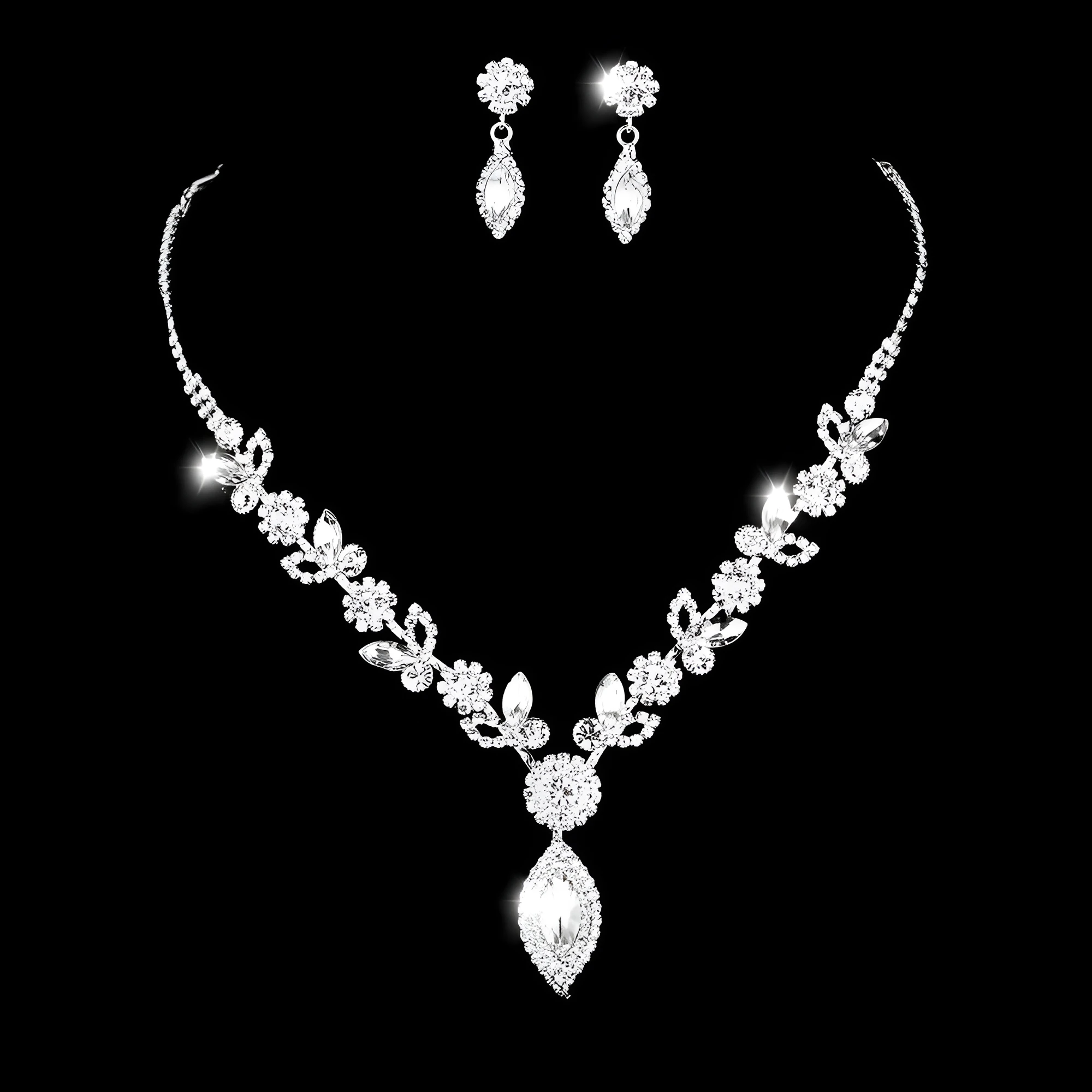 Bridal white crystal floral jewelry set on copper with electroplated finish