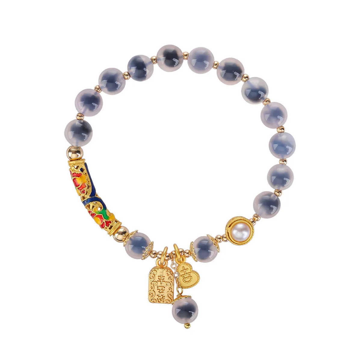 Handmade sugar heart agate bracelet in retro ethnic style with cherry blossom, peach blossom, and ping an pendant designs.