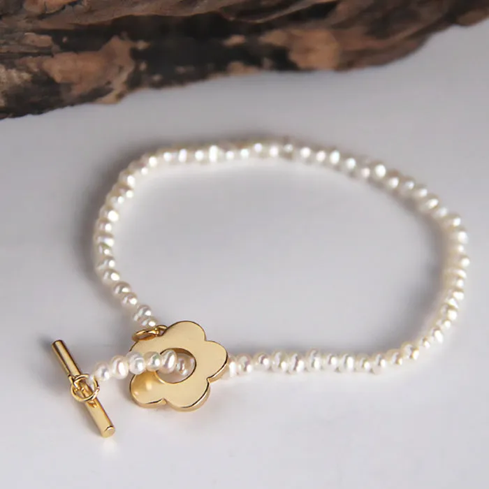 Sterling silver natural pearl flower bracelet handmade with irregular pearl beads, adjustable size, silver colour, SL019 design