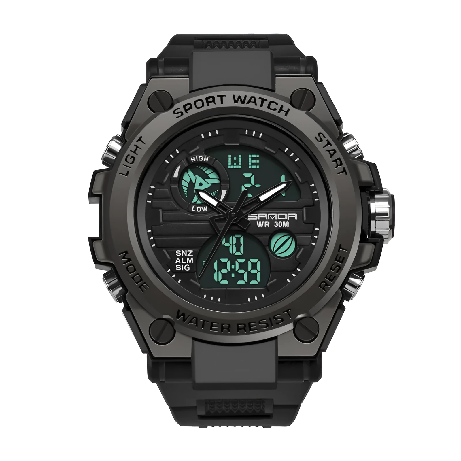 Digital waterproof electronic watch with pointer and number display, 53mm dial, mineral glass, water resistant to 30 metres