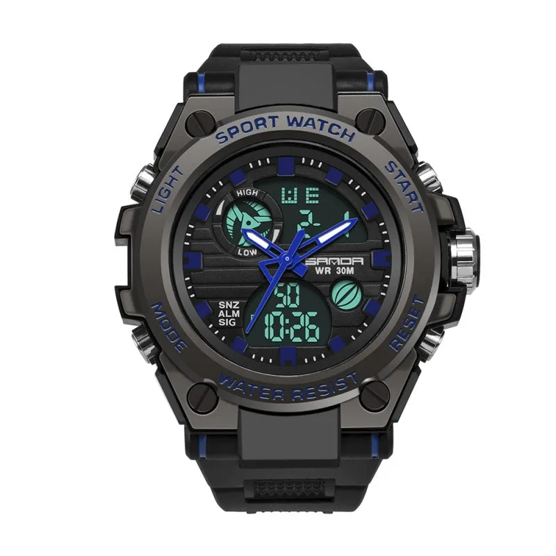 Digital waterproof electronic watch with pointer and number display, 53mm dial, mineral glass, water resistant to 30 metres