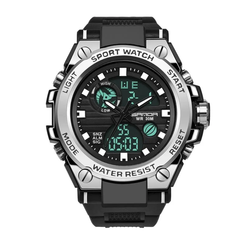 Digital waterproof electronic watch with pointer and number display, 53mm dial, mineral glass, water resistant to 30 metres