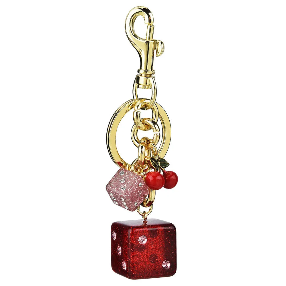 Vintage cherry red two-tone metal dice bag keychain pendant with a square geometric shape