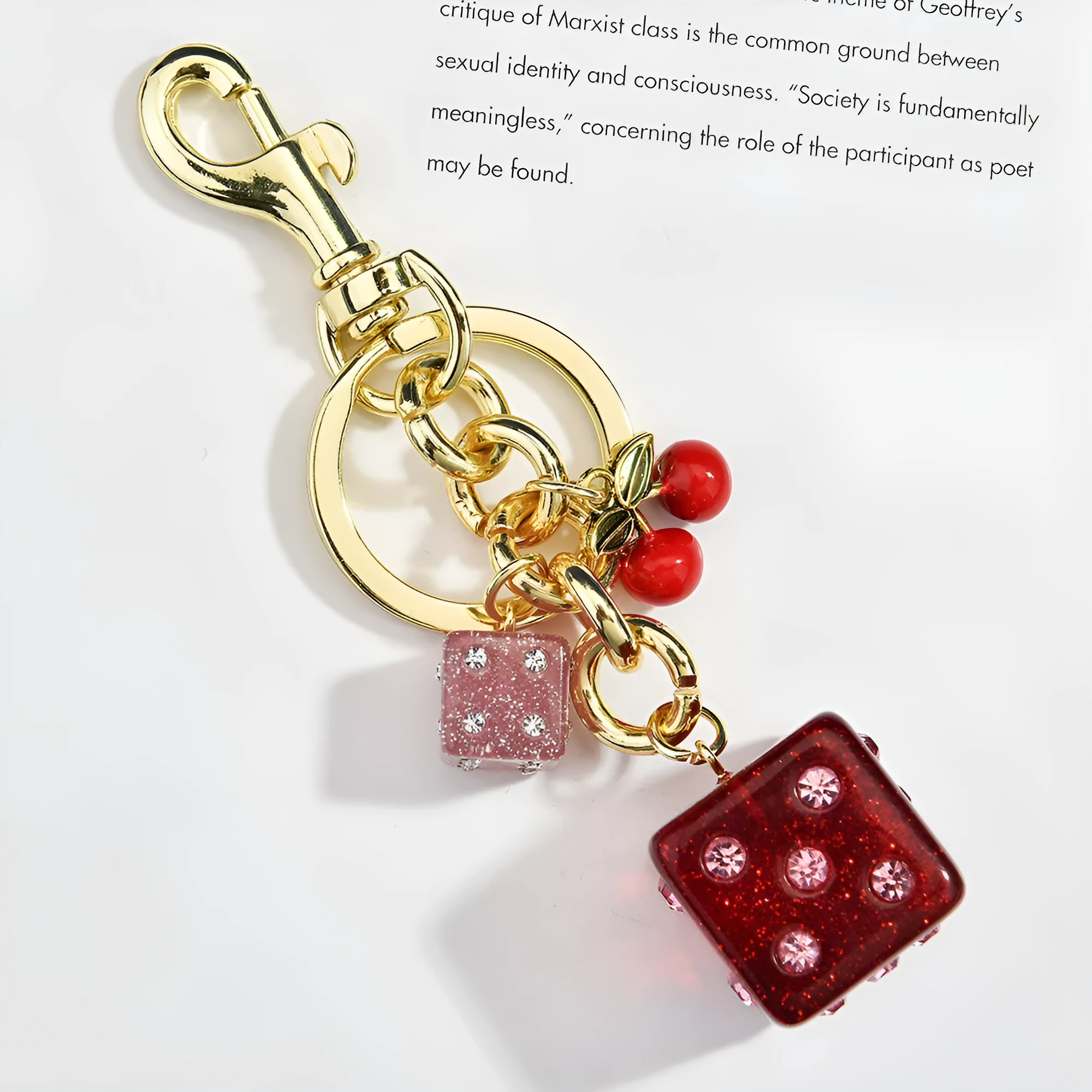 Vintage cherry red two-tone metal dice bag keychain pendant with a square geometric shape