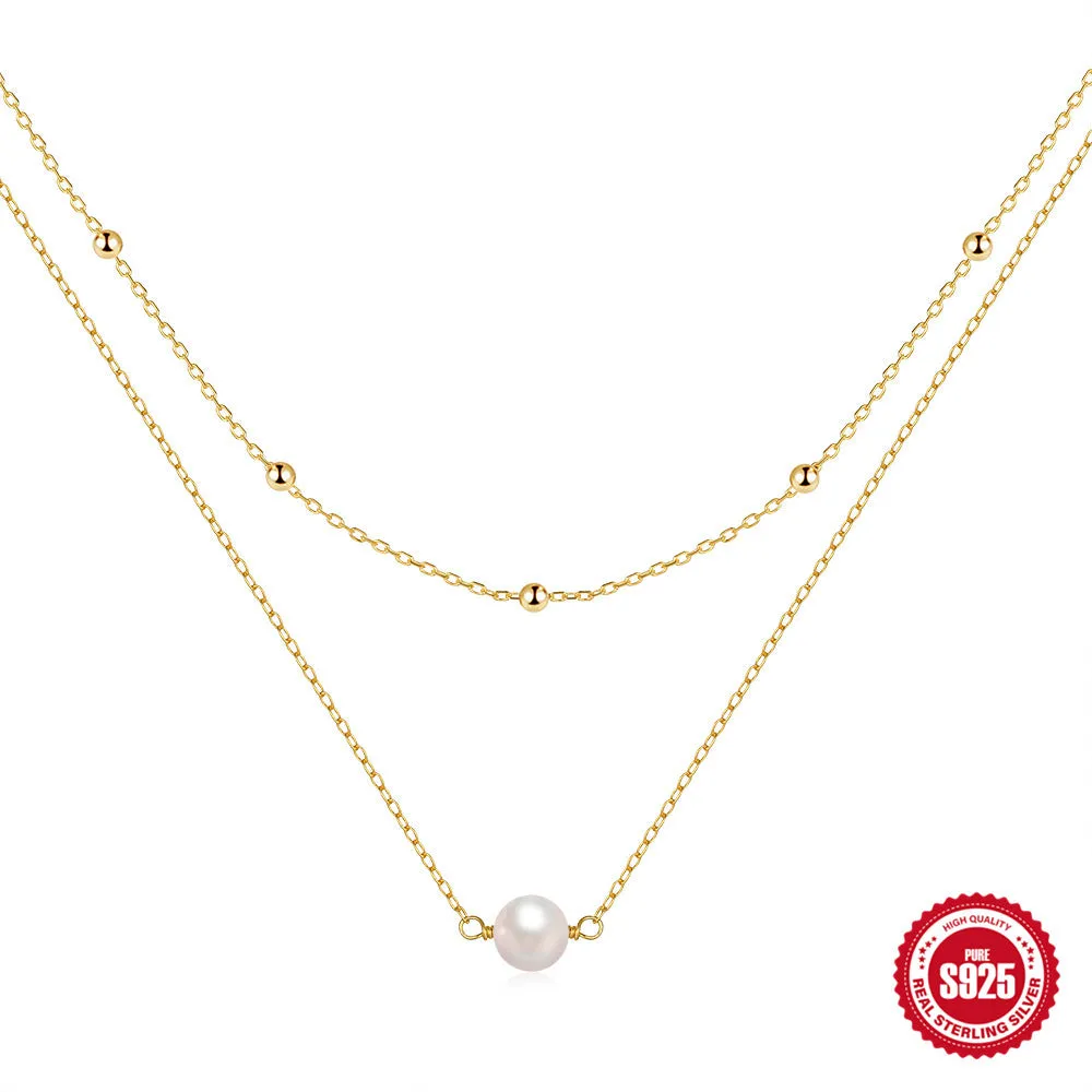 S925 sterling silver double-layer necklace with twin pearls on a ball bead chain.