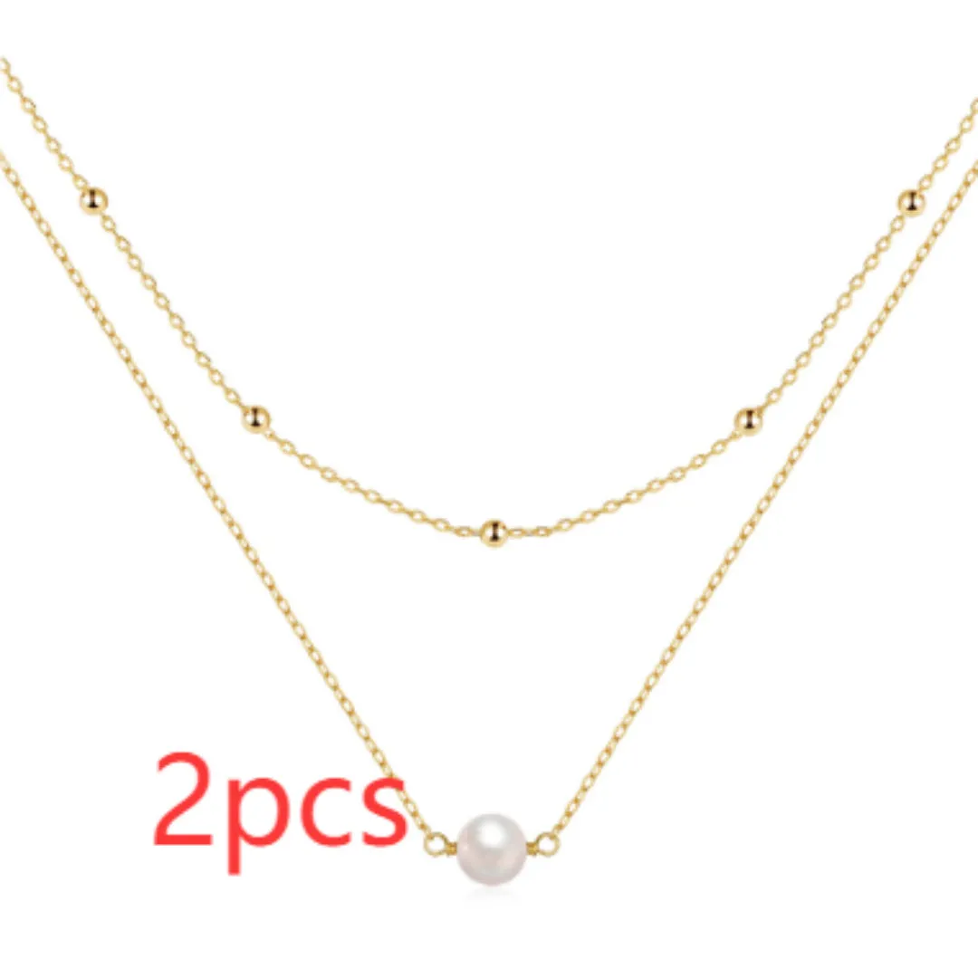 S925 sterling silver double-layer necklace with twin pearls on a ball bead chain.