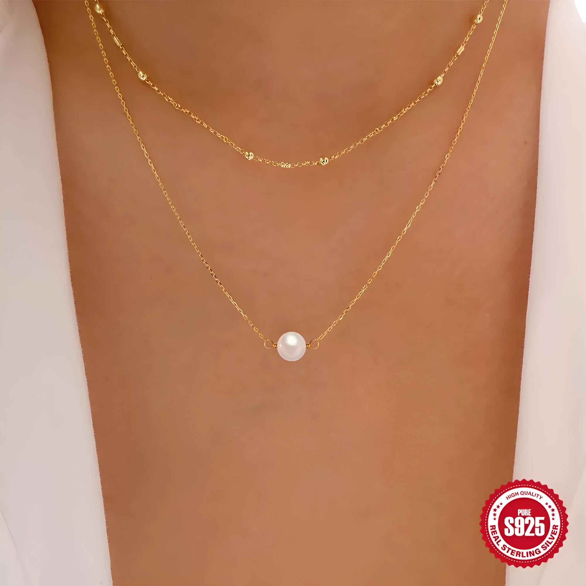 S925 sterling silver double-layer necklace with twin pearls on a ball bead chain.