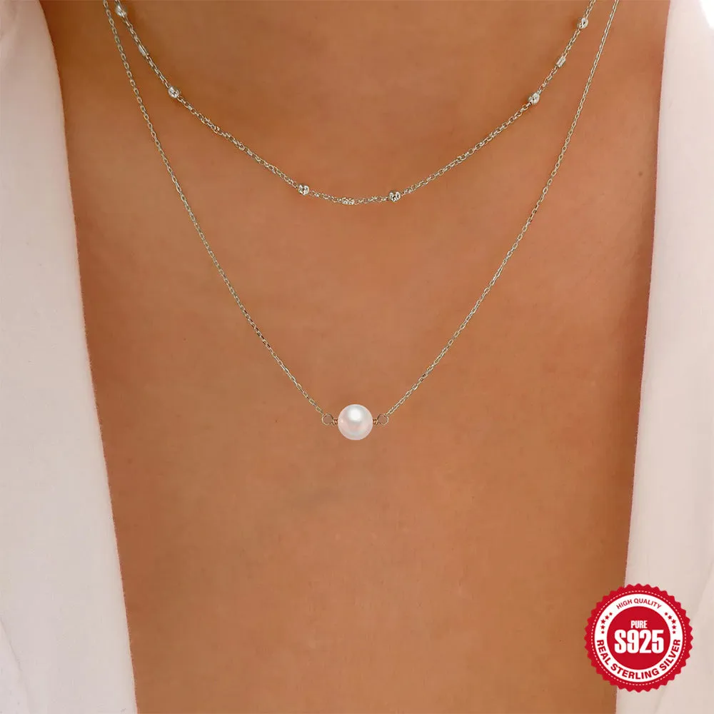S925 sterling silver double-layer necklace with twin pearls on a ball bead chain.