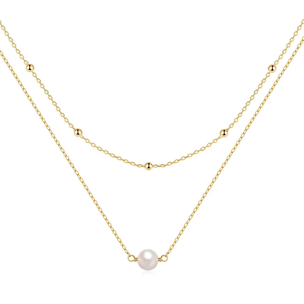 S925 sterling silver double-layer necklace with twin pearls on a ball bead chain.