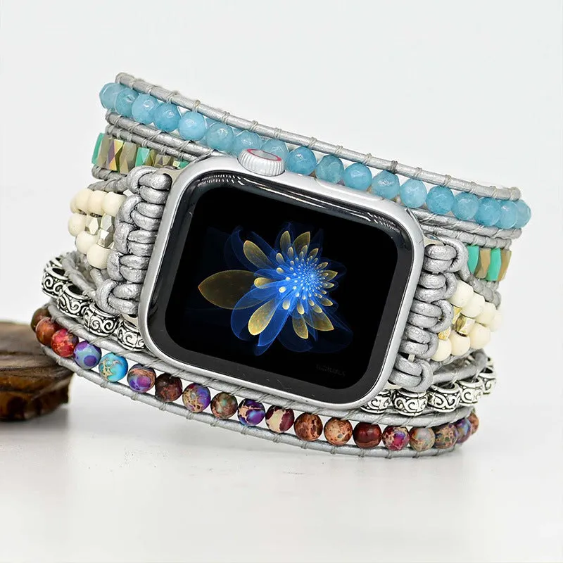 Stone bead hand-woven watch strap for iWatch 38-45mm, three sizes available