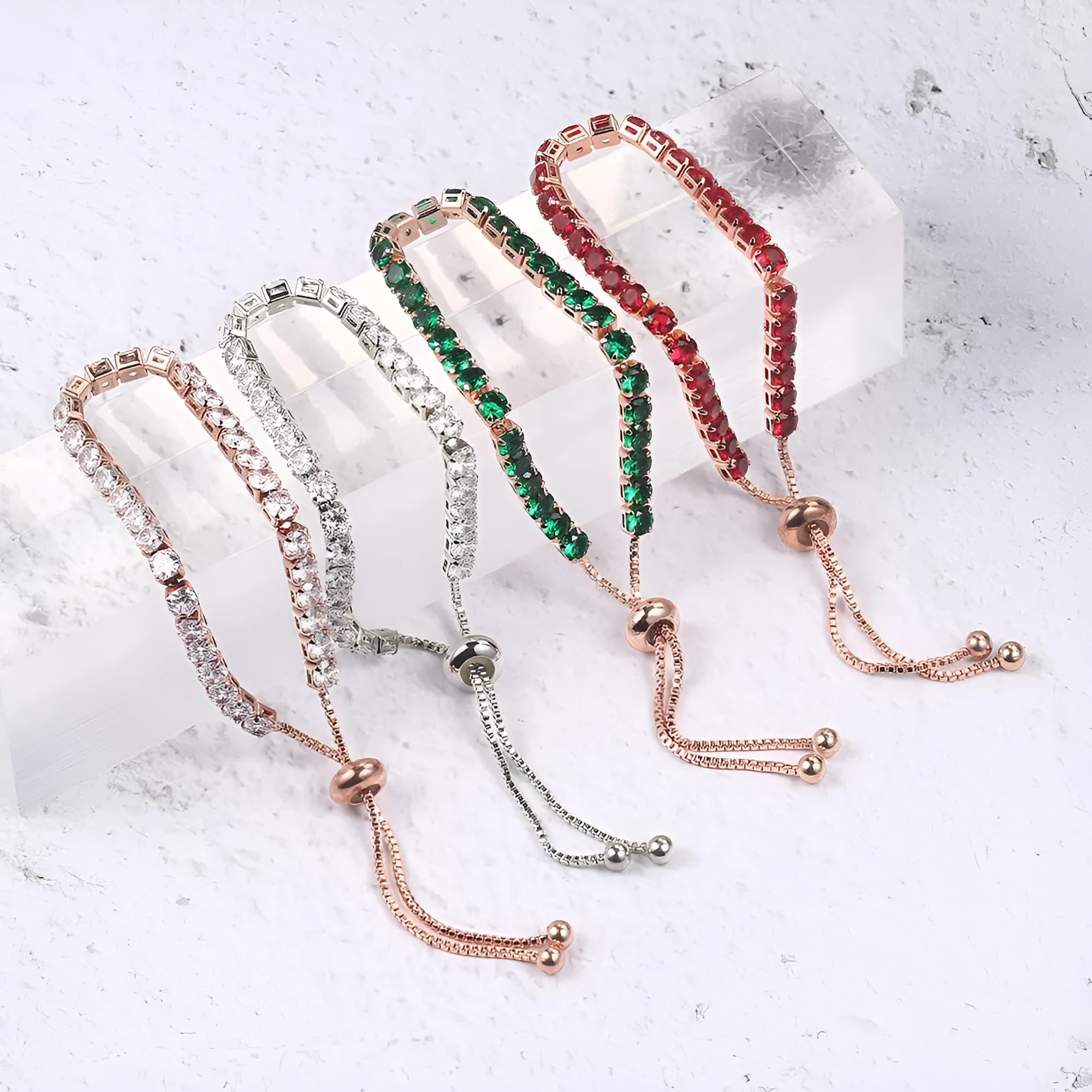 Round zircon single row tennis bracelet in copper with inlaid white stones, rose gold tone