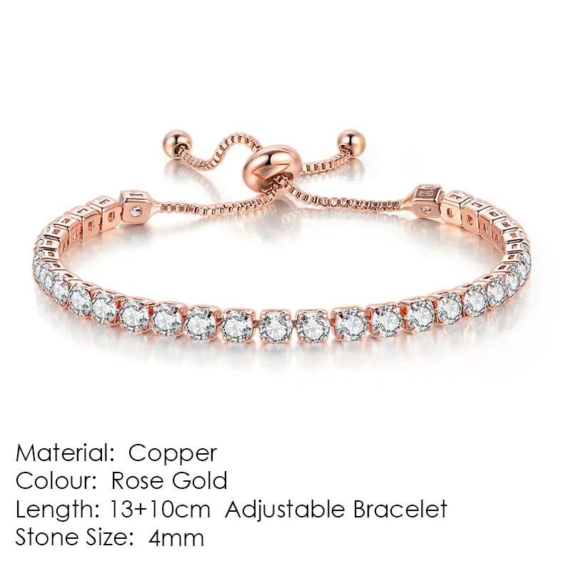Round zircon single row tennis bracelet in copper with inlaid white stones, rose gold tone