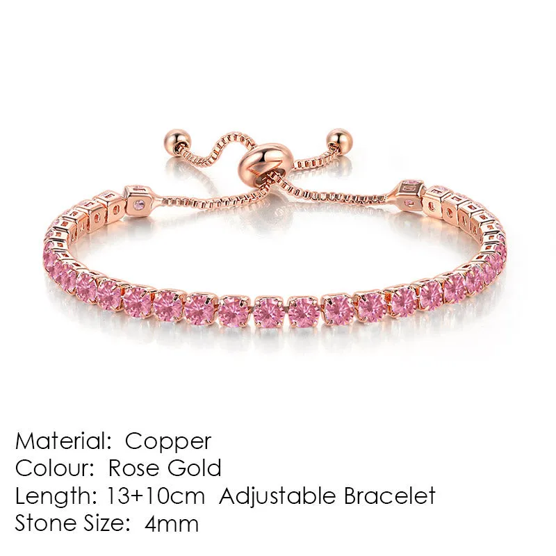 Round zircon single row tennis bracelet in copper with inlaid white stones, rose gold tone