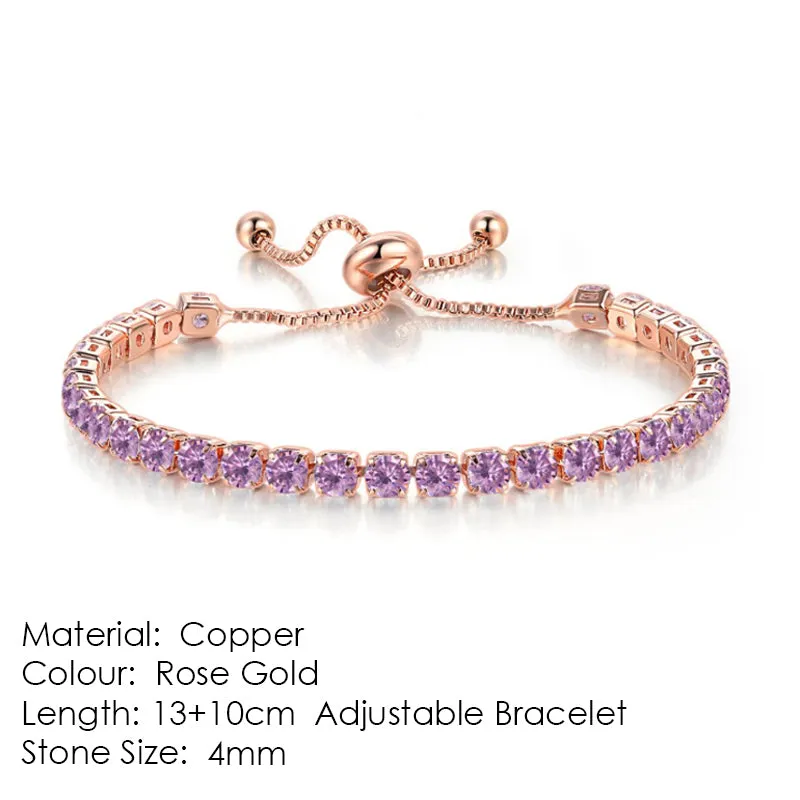 Round zircon single row tennis bracelet in copper with inlaid white stones, rose gold tone