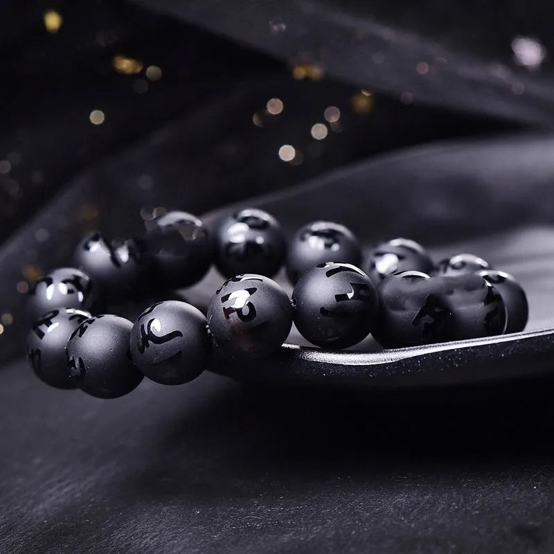 Natural frosted black agate Sanskrit mantra bracelet with Chinese style auspicious patterns