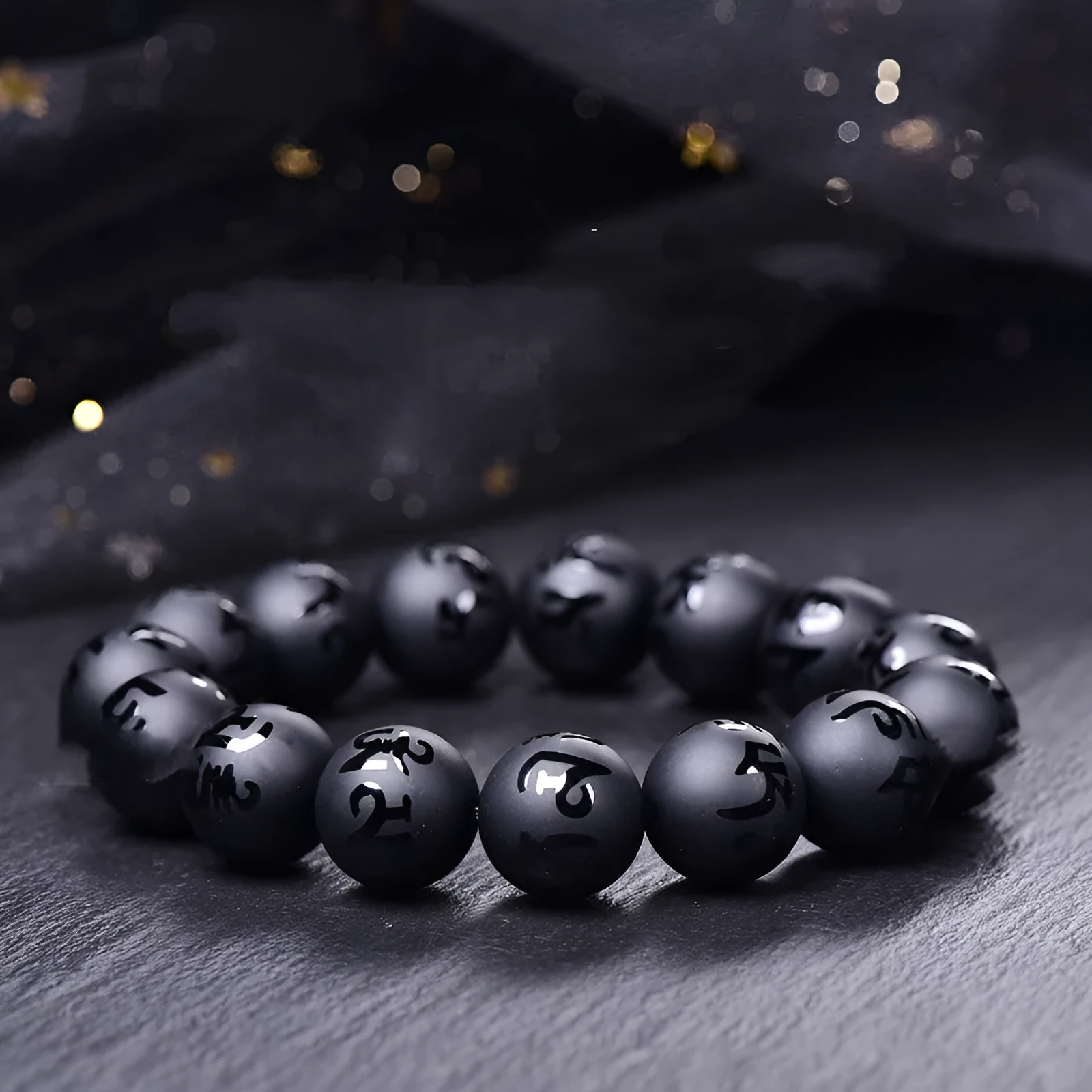 Natural frosted black agate Sanskrit mantra bracelet with Chinese style auspicious patterns