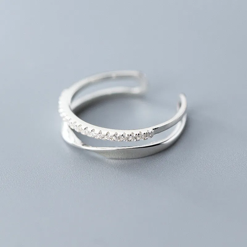 Twisted double row adjustable S925 silver ring for women Korean style