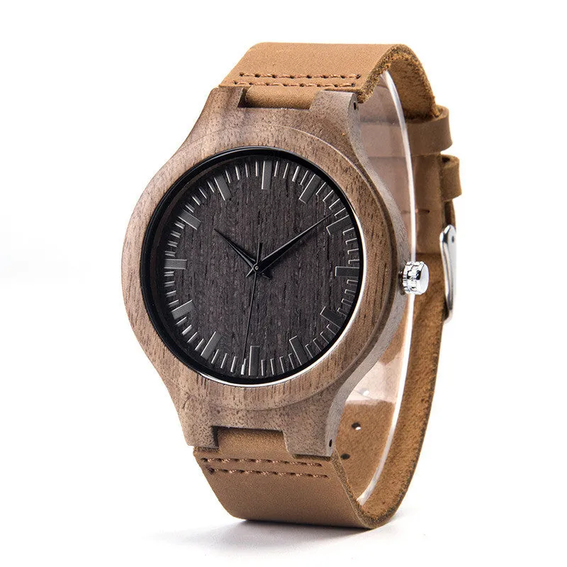 Wooden watch with brown wood strap, 43mm dial, mineral glass mirror, white dial, quartz movement