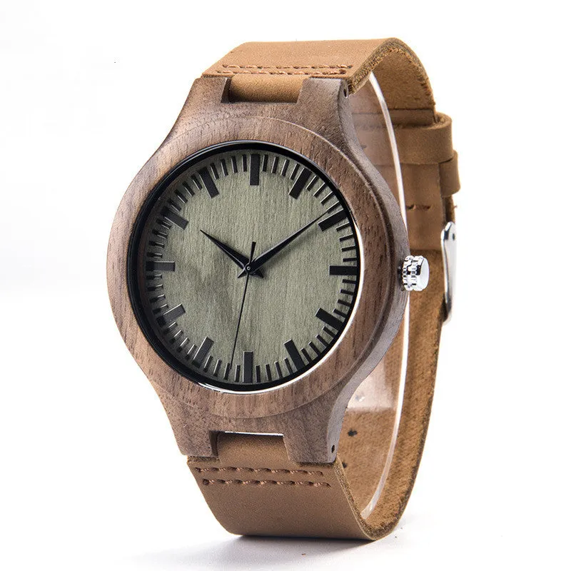 Wooden watch with brown wood strap, 43mm dial, mineral glass mirror, white dial, quartz movement