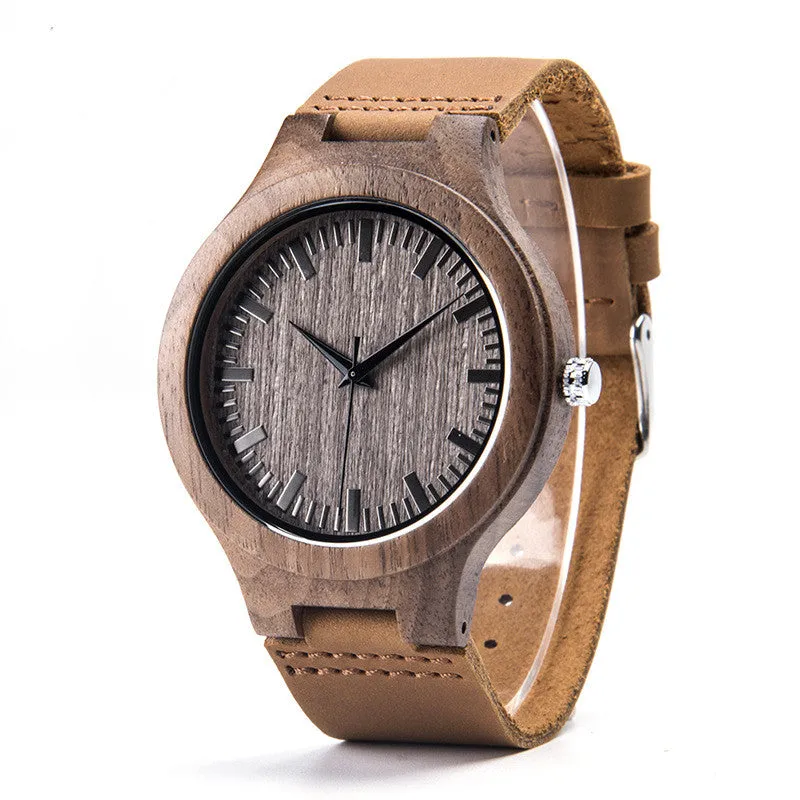Wooden watch with brown wood strap, 43mm dial, mineral glass mirror, white dial, quartz movement