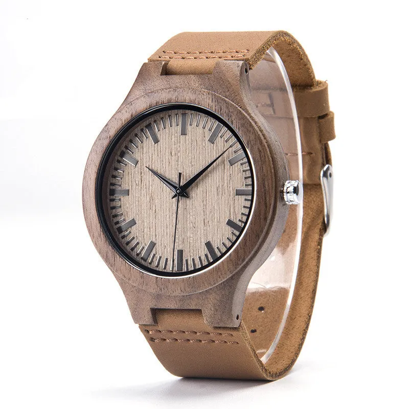 Wooden watch with brown wood strap, 43mm dial, mineral glass mirror, white dial, quartz movement