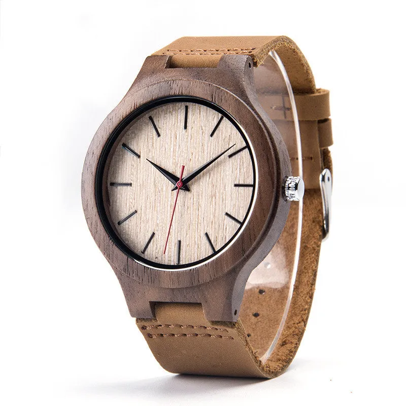 Wooden watch with brown wood strap, 43mm dial, mineral glass mirror, white dial, quartz movement