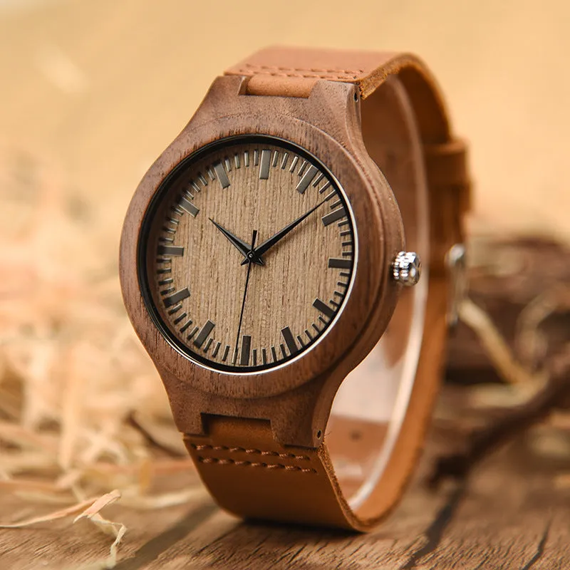 Wooden watch with brown wood strap, 43mm dial, mineral glass mirror, white dial, quartz movement