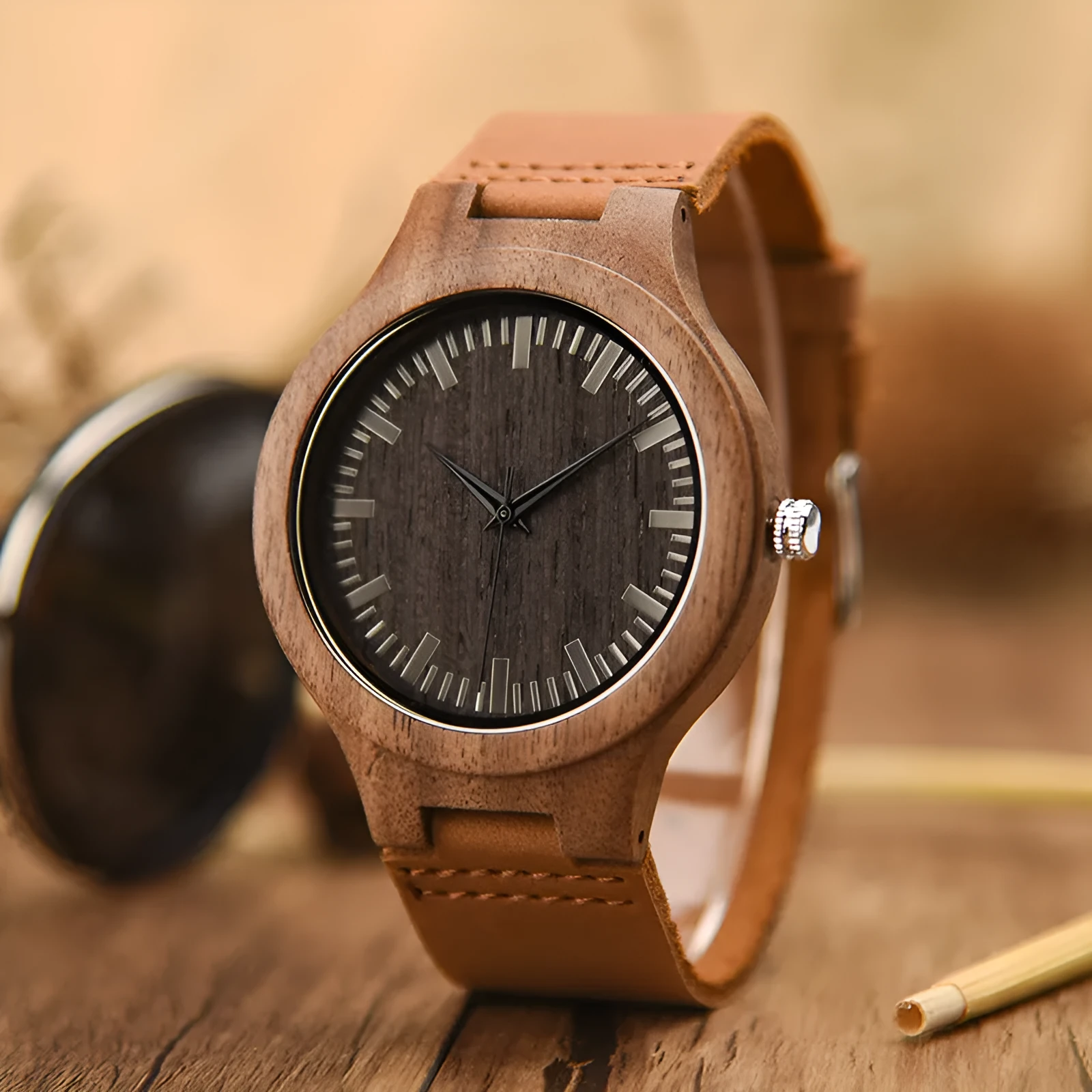Wooden watch with brown wood strap, 43mm dial, mineral glass mirror, white dial, quartz movement