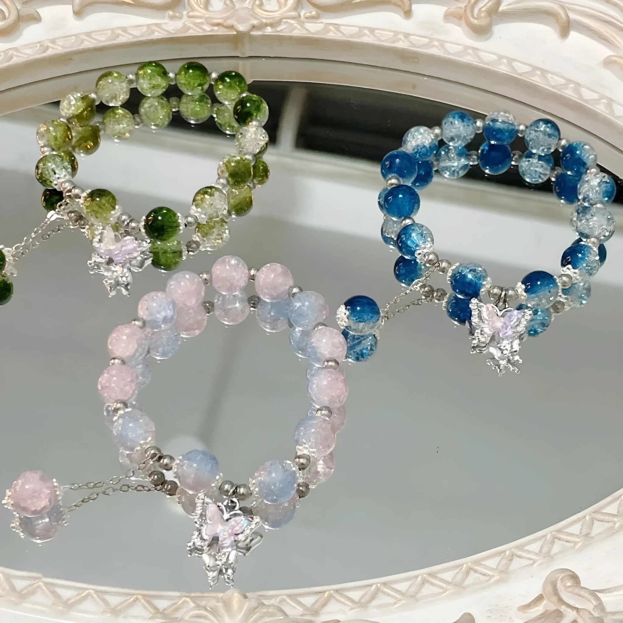 Handmade glass butterfly broken bead bracelet for women pink colour option