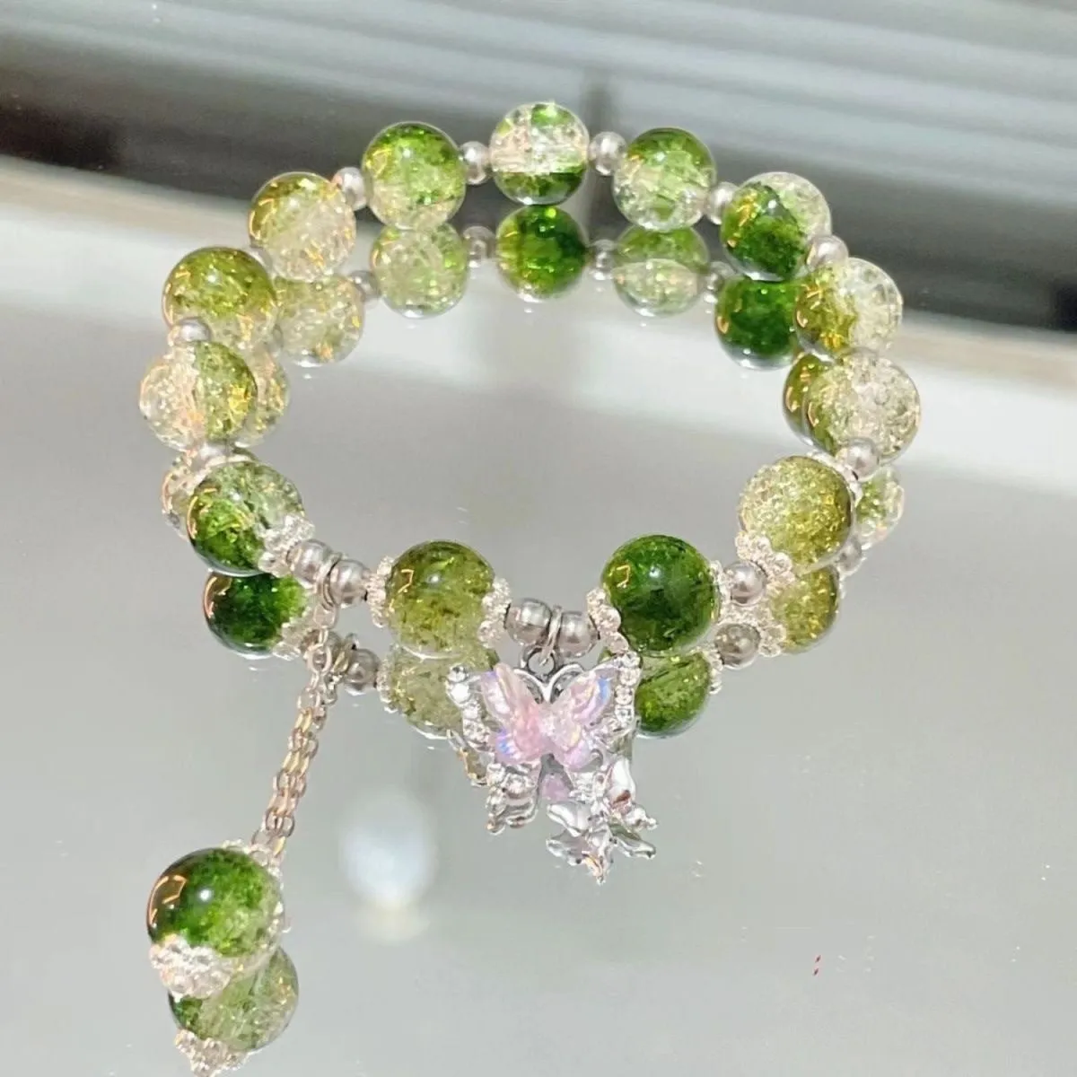 Handmade glass butterfly broken bead bracelet for women pink colour option