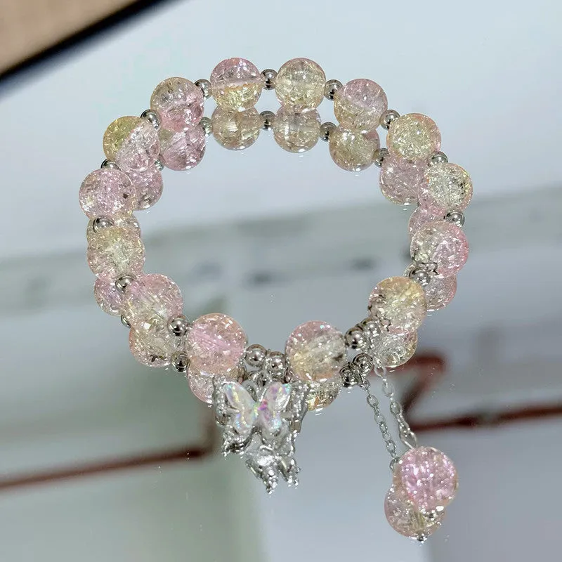 Handmade glass butterfly broken bead bracelet for women pink colour option