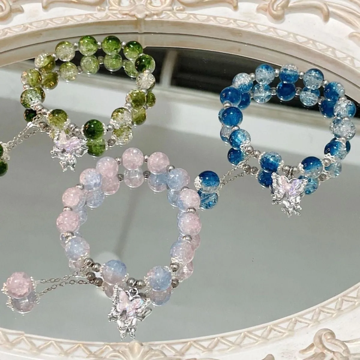 Handmade glass butterfly broken bead bracelet for women pink colour option