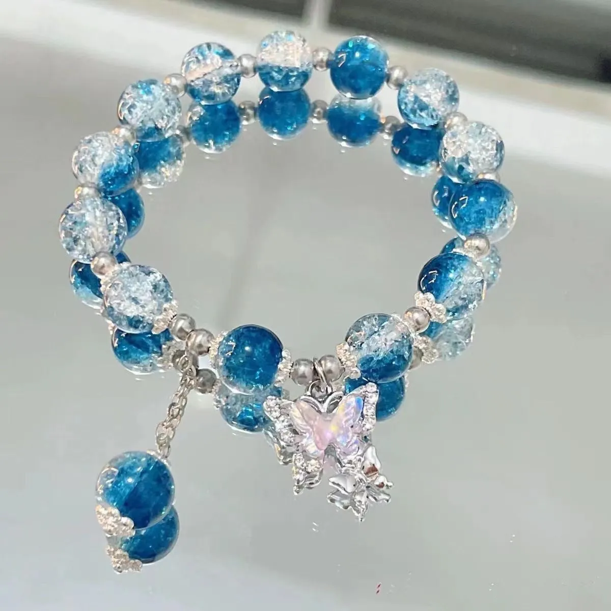 Handmade glass butterfly broken bead bracelet for women pink colour option