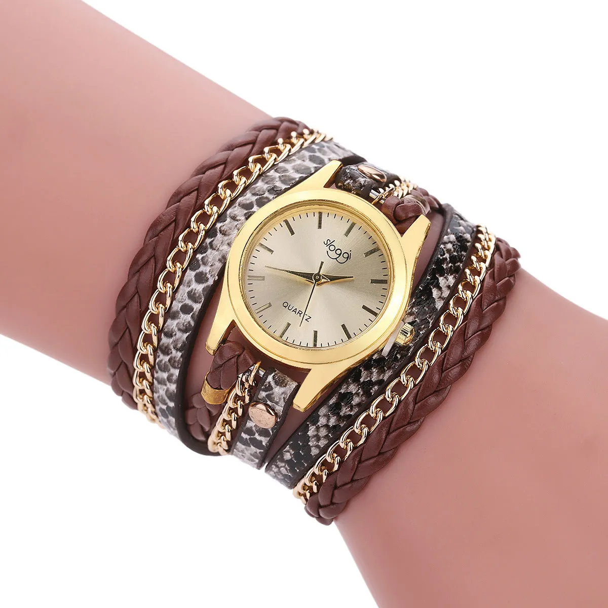 Women's casual watch with imitation leather strap and alloy pin buckle on white background