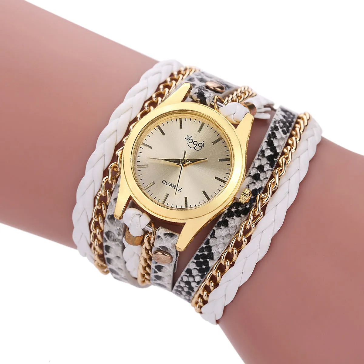 Women's casual watch with imitation leather strap and alloy pin buckle on white background