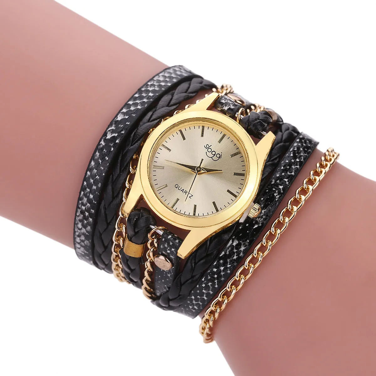 Women's casual watch with imitation leather strap and alloy pin buckle on white background