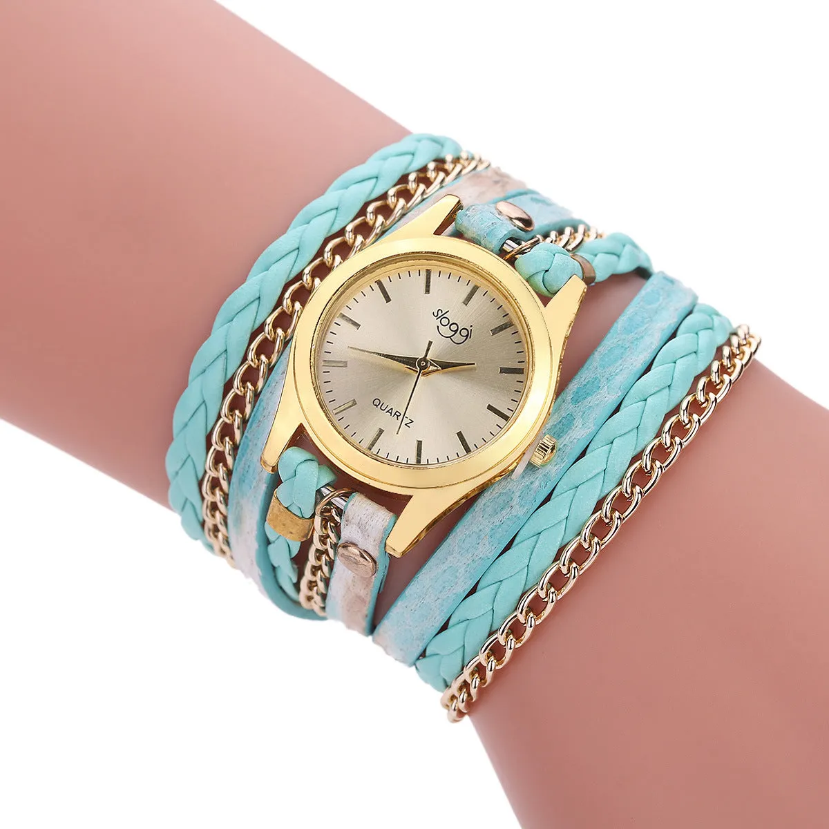 Women's casual watch with imitation leather strap and alloy pin buckle on white background