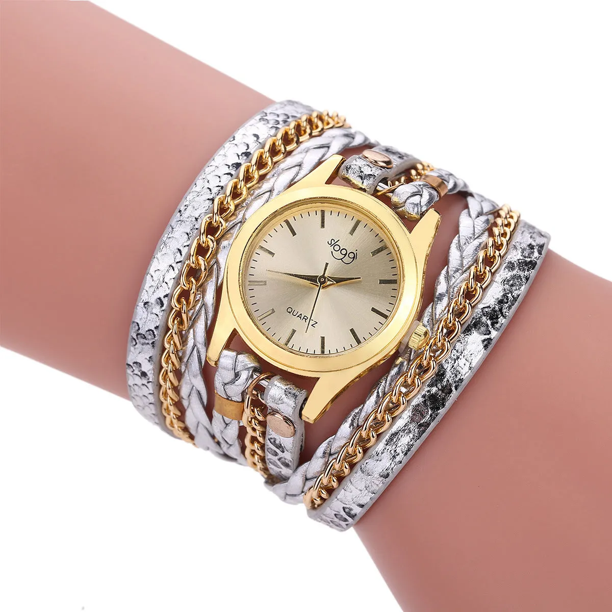Women's casual watch with imitation leather strap and alloy pin buckle on white background