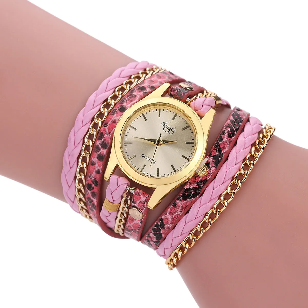 Women's casual watch with imitation leather strap and alloy pin buckle on white background