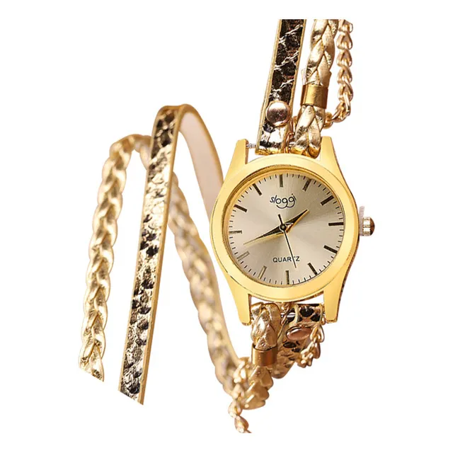 Women's casual watch with imitation leather strap and alloy pin buckle on white background