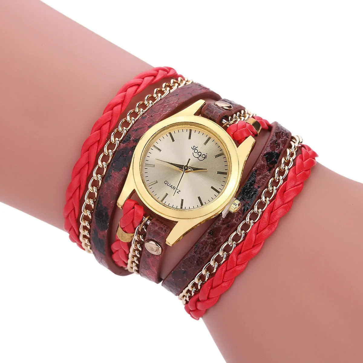 Women's casual watch with imitation leather strap and alloy pin buckle on white background