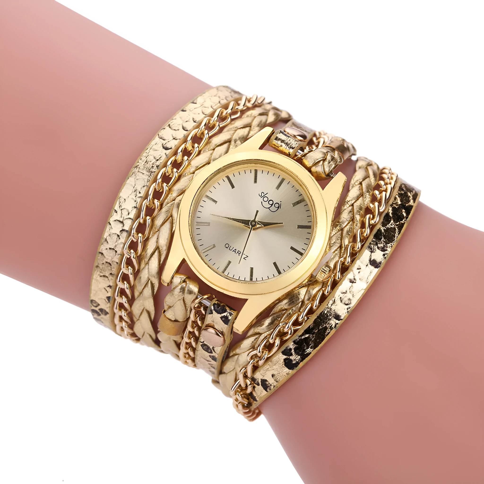 Women's casual watch with imitation leather strap and alloy pin buckle on white background