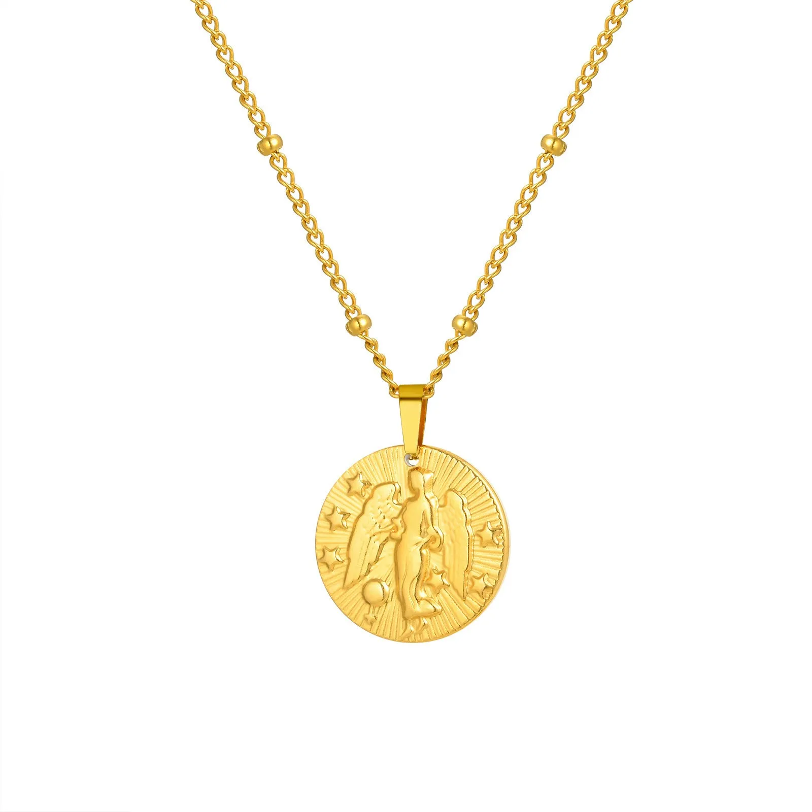 Stainless steel bead necklace with a round pendant embossed with a zodiac constellation, on a cross chain.