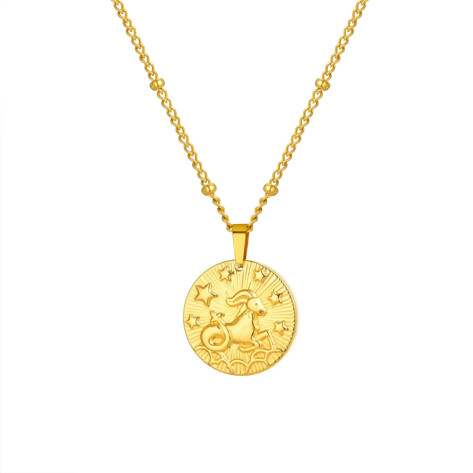 Stainless steel bead necklace with a round pendant embossed with a zodiac constellation, on a cross chain.
