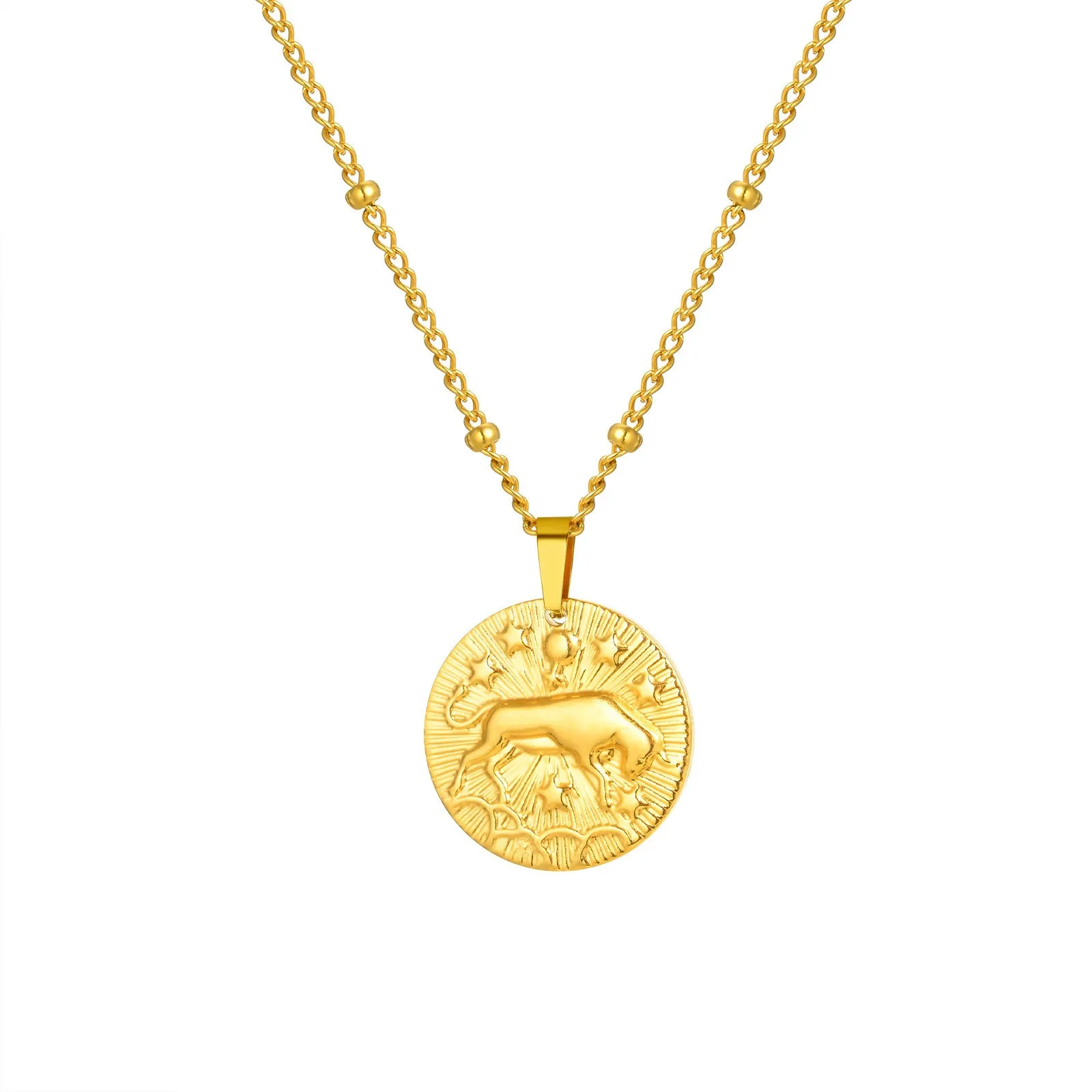 Stainless steel bead necklace with a round pendant embossed with a zodiac constellation, on a cross chain.
