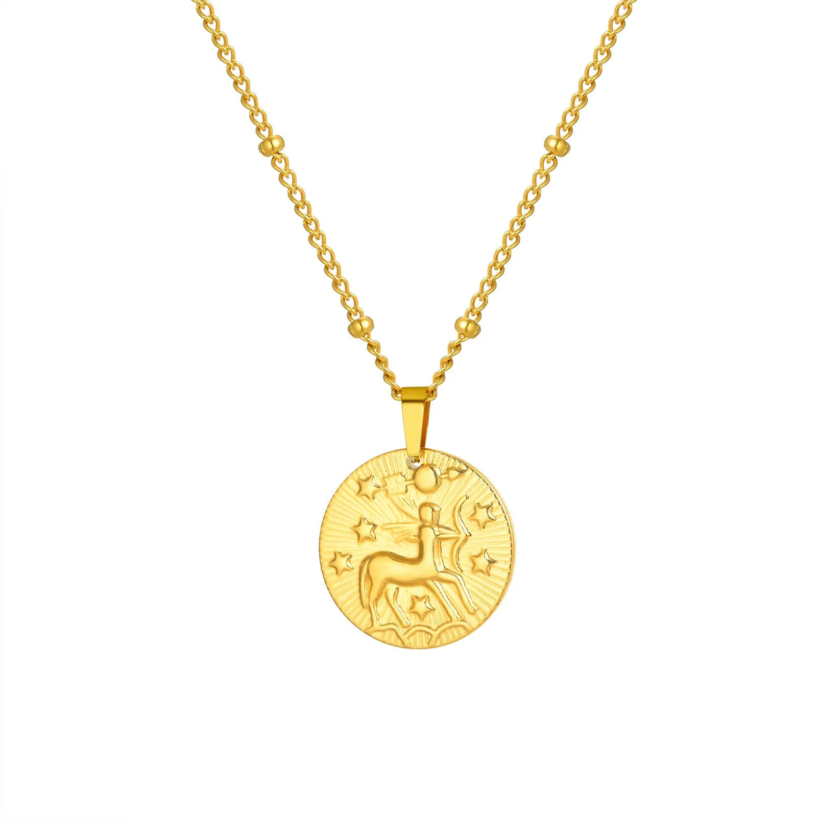 Stainless steel bead necklace with a round pendant embossed with a zodiac constellation, on a cross chain.